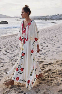 Boho Floral Embroidered V-neck Tassel Batwing Long Sleeve Maxi Kaftans Dress