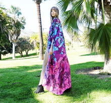 Load image into Gallery viewer, Floral Purple Chiffon Batwing Sleeve Beach Kimono With Belt Dress Cover-up