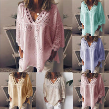 Load image into Gallery viewer, Summer Hot Women Half Sleeve Cotton Hollow-Out Lace Patchwork Shirt