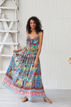 Load image into Gallery viewer, Bohemian Cartoon Printed Strap Maxi V Neck Vintage Chic Summer Beach Casual Ladies Sexy Dress
