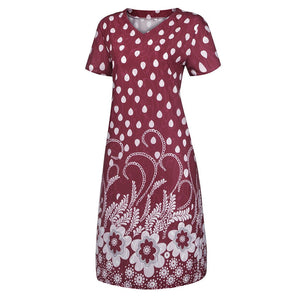 Summer Dot Floral Print V-Neck Short Sleeves Midi Dress