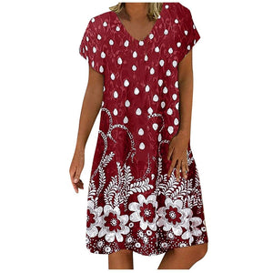 Summer Dot Floral Print V-Neck Short Sleeves Midi Dress