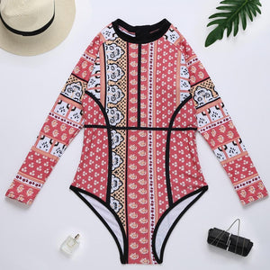 Print Floral One Piece Swimsuit Long Sleeve Swimwear Vintage One-piece Surfing Swim Suits