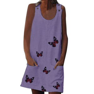 Summer Sleeveless Floral Butterfly Knee Above Casual Loose Mini Dress