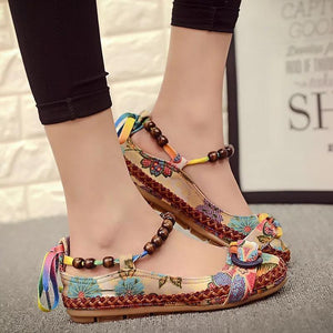 Bead Chain Knitting Butterflyknot For Women Vintage Retro National Wind Lace Up Flat Shoes