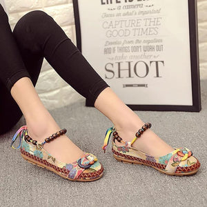 Bead Chain Knitting Butterflyknot For Women Vintage Retro National Wind Lace Up Flat Shoes