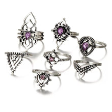 Load image into Gallery viewer, 7 Pcs/Set color crystal Indian Ethnic Wind Hollow Flower Modeling Vintage Exaggerated Combination Ring for Xmas Party