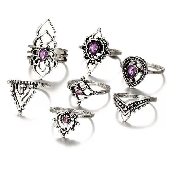 7 Pcs/Set color crystal Indian Ethnic Wind Hollow Flower Modeling Vintage Exaggerated Combination Ring for Xmas Party