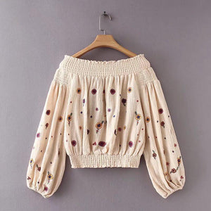 Embroidered Puff-sleeves Blouses&Shirts Top