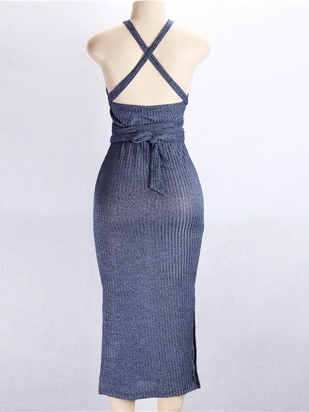 Solid Color Three Seasons Sexy Slim Extended Sleeveless Backless Long Dress