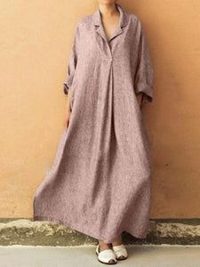 Plus Size Three Colors Ramie Cotton Lapel Linen Loose Long Dress