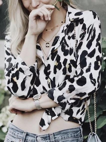 Black & White Leopard Vintage Sexy Women Loose Chiffon Long Sleeve Shirt Blouse