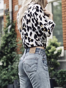 Black & White Leopard Vintage Sexy Women Loose Chiffon Long Sleeve Shirt Blouse