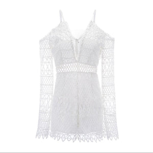 White Sexy Hollow V-neck Strap Lace Vacation Style Romantic Romper