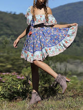 Load image into Gallery viewer, Blue Off-the-shoulder Bohemia Mini Chiffon Floral Print Dress Beach Style Vacation Dress