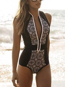 Vintage Black and White Pattern Swimsuit Monokini One Piece Swimwear With Zip