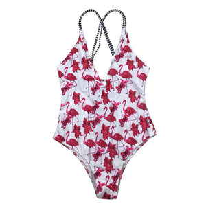 Flamingo Print Floral One Piece Monokini Swimwear