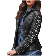 Load image into Gallery viewer, Womens Solid Lapel Zip Fake Leather Coat Ladies Long Sleeve Jacket Coat Studs Short Oversized Irregular Outerwear