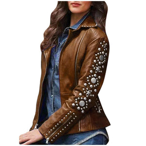 Womens Solid Lapel Zip Fake Leather Coat Ladies Long Sleeve Jacket Coat Studs Short Oversized Irregular Outerwear
