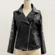 Load image into Gallery viewer, Womens Solid Lapel Zip Fake Leather Coat Ladies Long Sleeve Jacket Coat Studs Short Oversized Irregular Outerwear