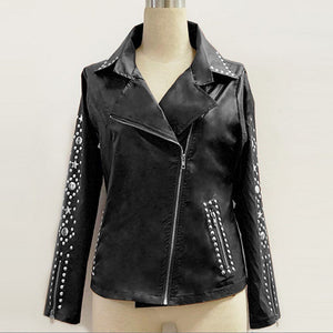Womens Solid Lapel Zip Fake Leather Coat Ladies Long Sleeve Jacket Coat Studs Short Oversized Irregular Outerwear