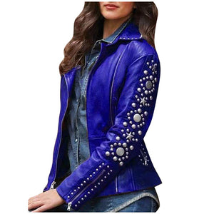 Womens Solid Lapel Zip Fake Leather Coat Ladies Long Sleeve Jacket Coat Studs Short Oversized Irregular Outerwear