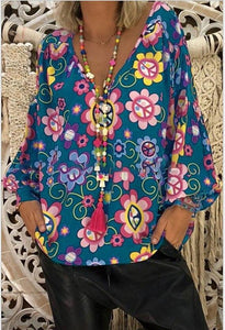 Women's Shirts Print Loose Long Sleeve V-neck Tops