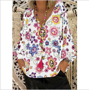 Women's Shirts Print Loose Long Sleeve V-neck Tops