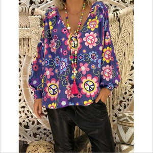 Women's Shirts Print Loose Long Sleeve V-neck Tops