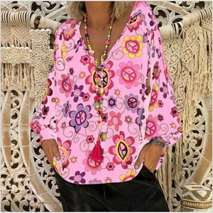 Women's Shirts Print Loose Long Sleeve V-neck Tops