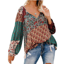 Load image into Gallery viewer, Women Autumn Blouse Floral Print Long Loose V-neck Pullover Drawstring Shirt