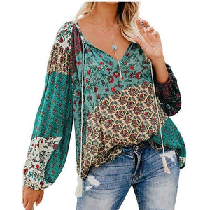 Women Autumn Blouse Floral Print Long Loose V-neck Pullover Drawstring Shirt