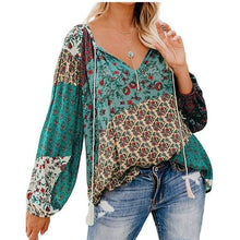 Load image into Gallery viewer, Women Autumn Blouse Floral Print Long Loose V-neck Pullover Drawstring Shirt