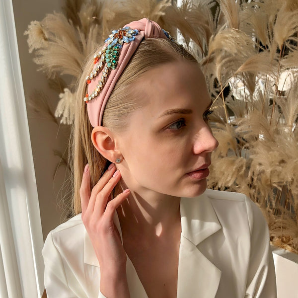 Stylish hand-stitched embroidered flowers fabric headband Personality creative diamond-encrusted knotted headband for women