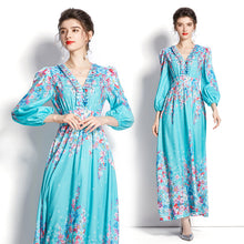 Load image into Gallery viewer, Spring and autumn V-neck long sleeves temperament, ruffled lace balloon sleeves, long print waist dress