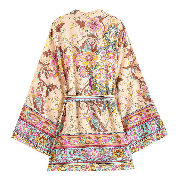 Rayon Cropped Kimono Belt Jacket Loose Bohemian Beach Cardigan