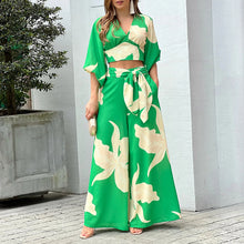 Load image into Gallery viewer, New Sweet Printed V-Neck Lantern Sleeve Short Shirt High Waist Wide Leg Pants Two Piece Set