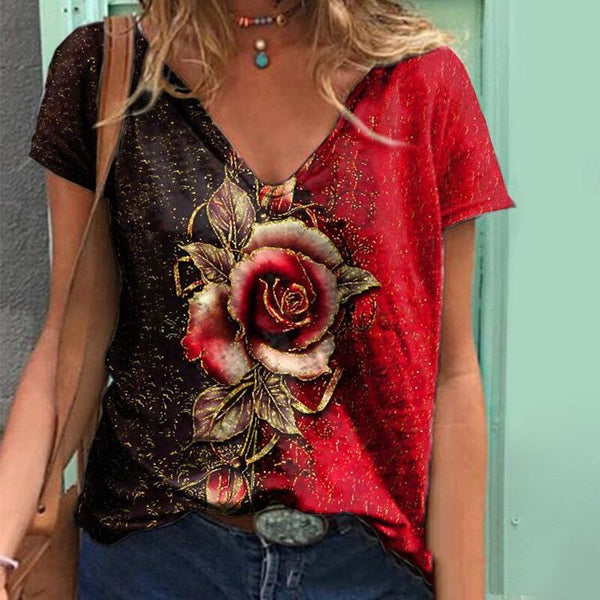 Summer V-neck 3D rose short sleeve loose T-shirt blouse