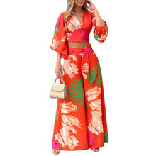 Load image into Gallery viewer, New Sweet Printed V-Neck Lantern Sleeve Short Shirt High Waist Wide Leg Pants Two Piece Set