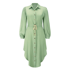 Long-sleeved temperament shirt mid-length tie-up waist dress