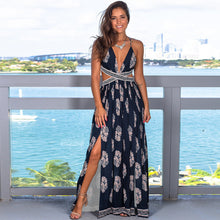 Load image into Gallery viewer, Sexy vintage print slit backless lace-up dress bohemian beach maxi summer