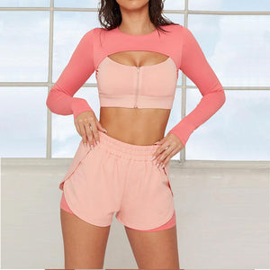 Long-sleeved yoga wear stitching contrast color fitness sports suit outdoor running two-piece