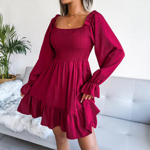 Square Neck Flared Long Sleeve Ruffle Swing Dress