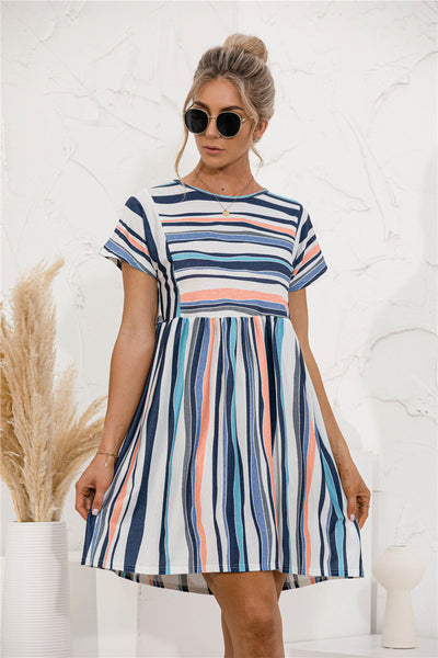 striped-print paneled crew-neck dress