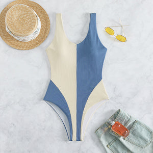 One-piece swimsuit contrast panels, pit strip fabric women's swimsuit beach vacation