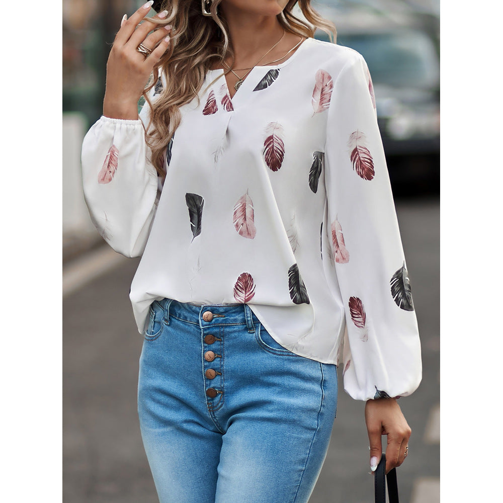 Women's V-neck feather print long sleeves loose T-shirt blouse