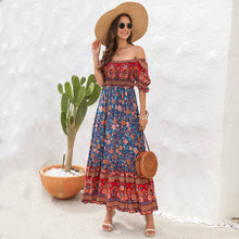 Load image into Gallery viewer, Bohemian beach resort dress one shoulder puff sleeve midi dress