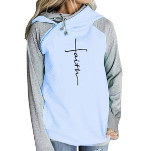 Zipper long sleeve contrast color Hooded Fleece women's coat embroidered sweater