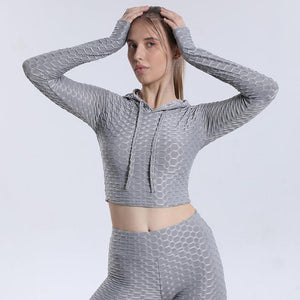 Yoga clothes Jacquard bubble hooded long sleeve Women's fitness clothes Sports Yoga tops