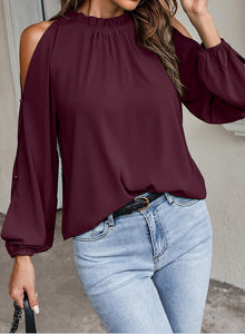 New women's net color ruffle round neck, long sleeves, creased pleats, off-the-shoulder fashion blouse